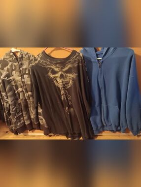 Faded Glory Blue Zip Hoodie, Gray Camo Zip Hoodie & Black Skull Tee